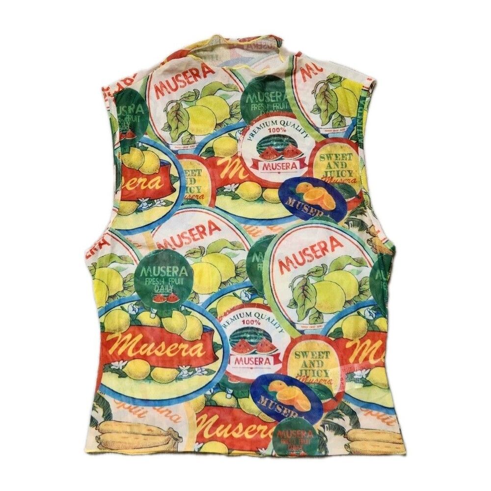 MUSERA Fruit Print Mesh Tank Top Women Size L Sheer Y2K Graphic Sleeveless EUC
